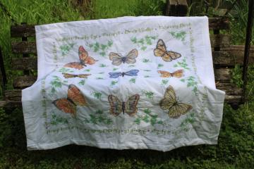 catalog photo of 90s vintage cotton poly mini quilt w/ cross stitch embroidery butterflies, butterfly species 