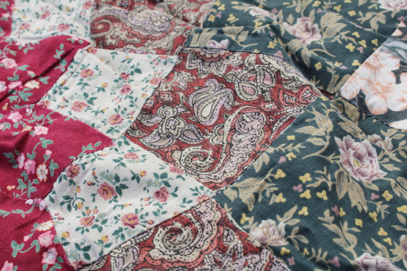 photo of 90s vintage cotton quilt bedspread queen size patchwork starburst green pink wine florals  #2
