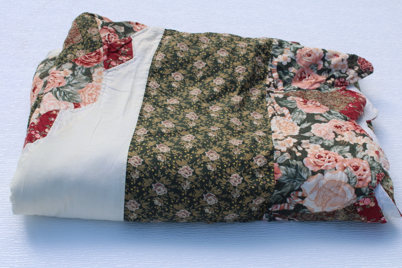 photo of 90s vintage cotton quilt bedspread queen size patchwork starburst green pink wine florals  #7