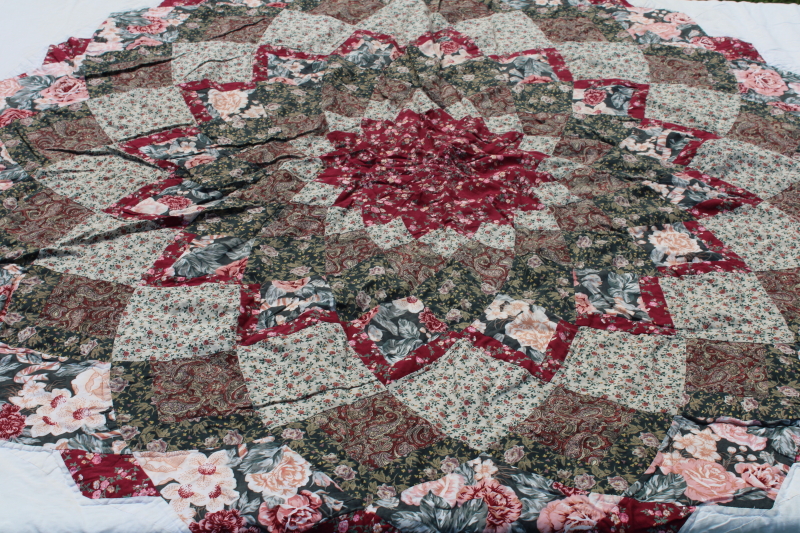 photo of 90s vintage cotton quilt bedspread queen size patchwork starburst green pink wine florals  #8