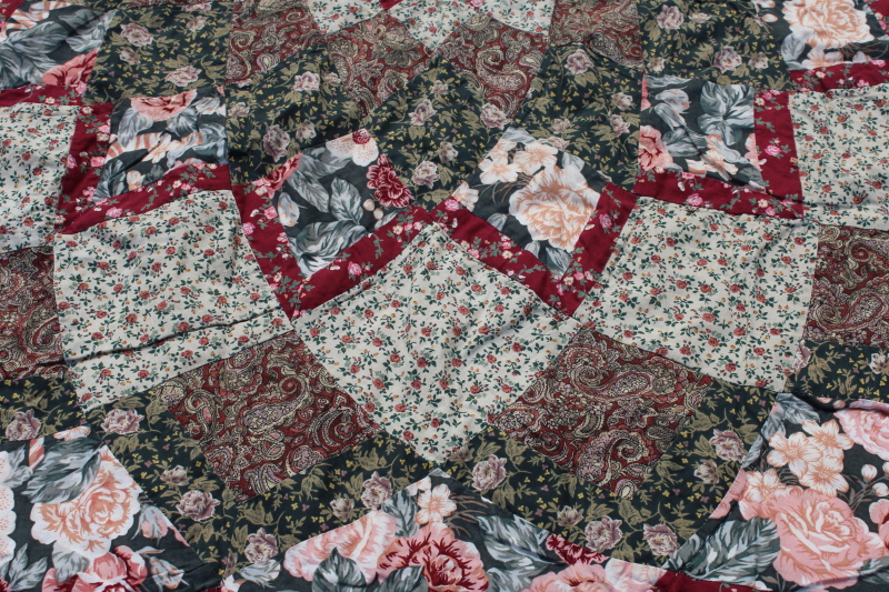 photo of 90s vintage cotton quilt bedspread queen size patchwork starburst green pink wine florals  #9