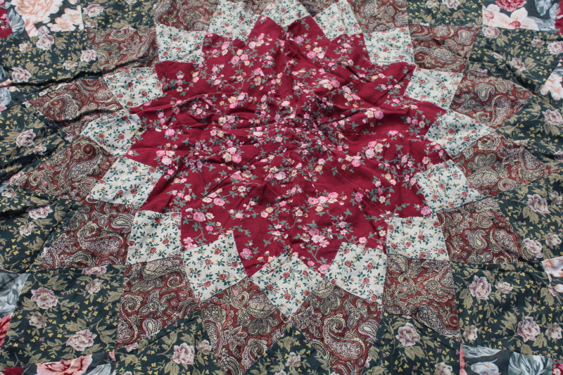 photo of 90s vintage cotton quilt bedspread queen size patchwork starburst green pink wine florals  #10