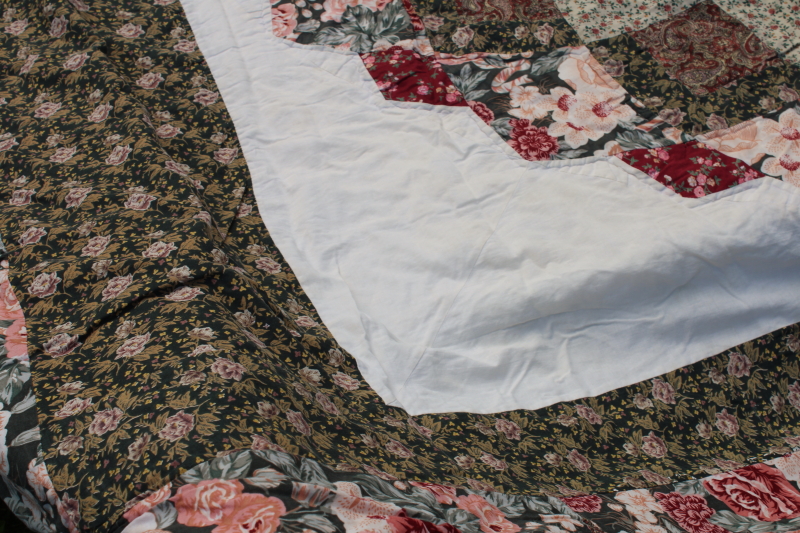 photo of 90s vintage cotton quilt bedspread queen size patchwork starburst green pink wine florals  #12