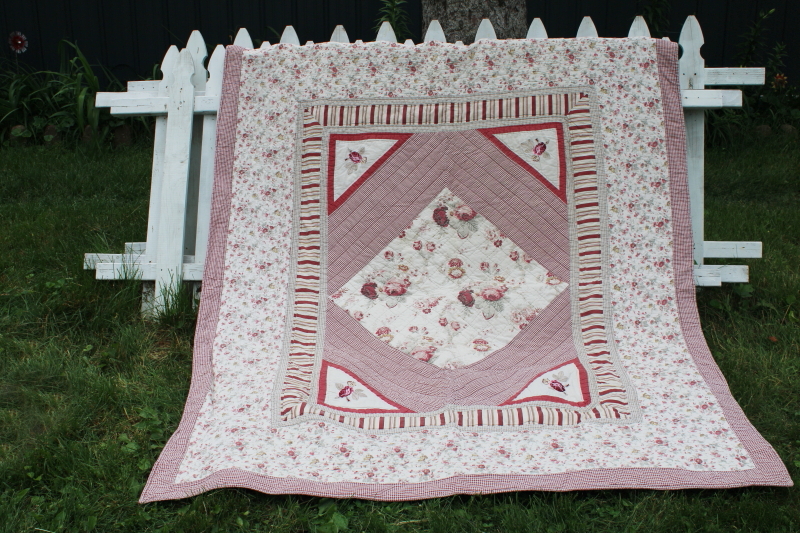 photo of 90s vintage cotton quilt, country floral prints soft faded red & rose pink #1
