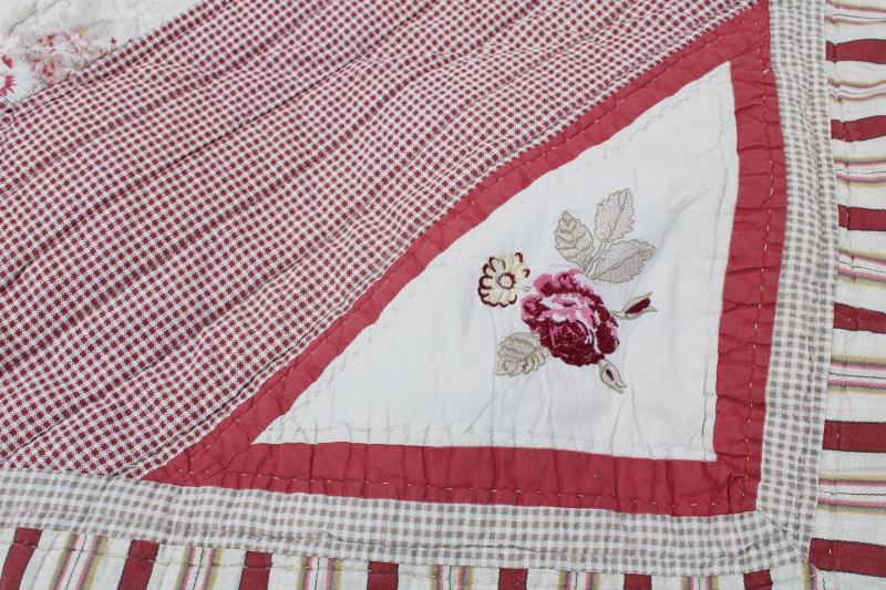 photo of 90s vintage cotton quilt, country floral prints soft faded red & rose pink #4