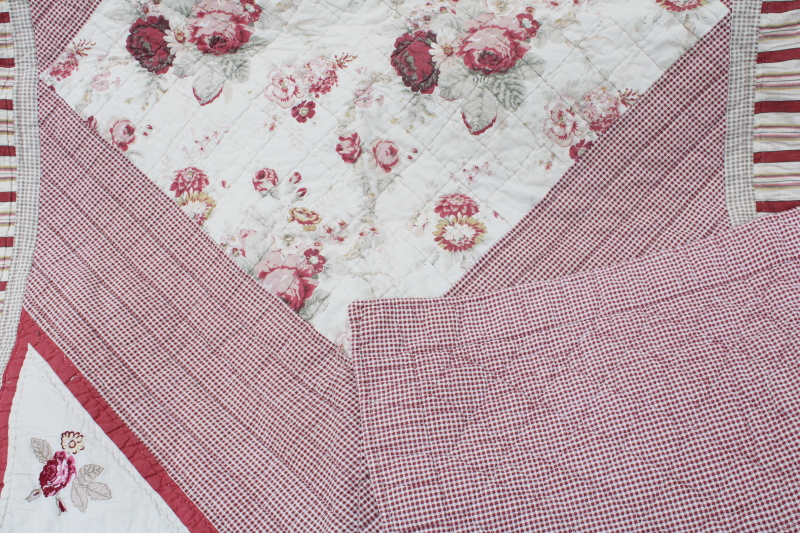 photo of 90s vintage cotton quilt, country floral prints soft faded red & rose pink #6