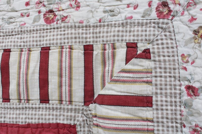 photo of 90s vintage cotton quilt, country floral prints soft faded red & rose pink #7