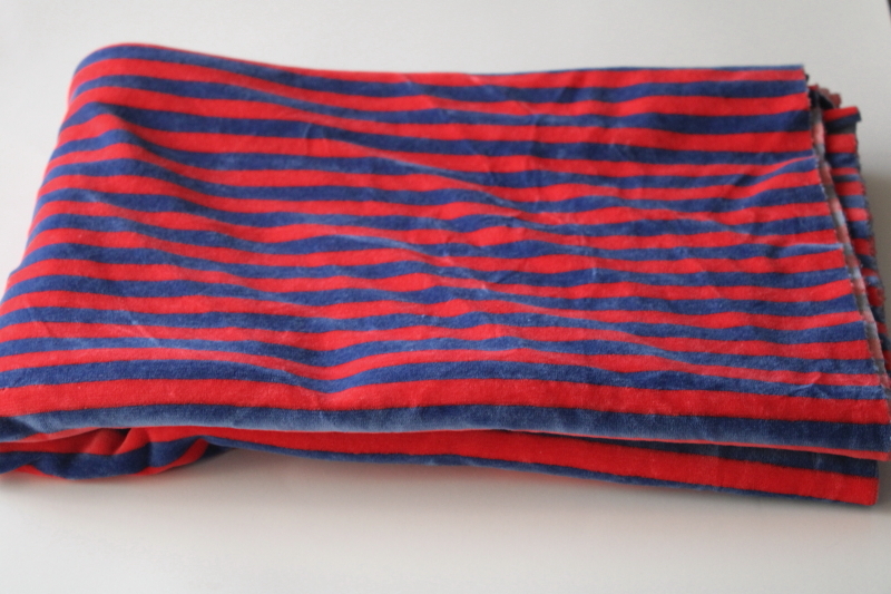 photo of 90s vintage cotton velour knit fabric, royal blue & red stripes nautical style #1