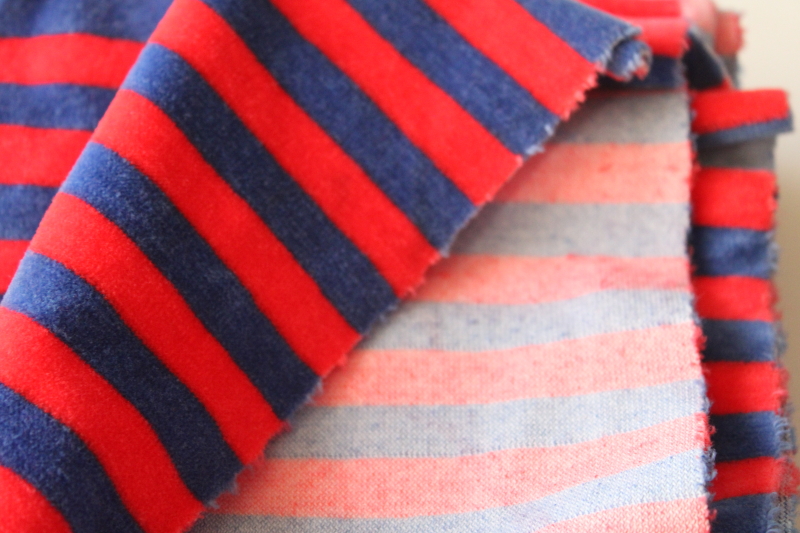 photo of 90s vintage cotton velour knit fabric, royal blue & red stripes nautical style #2