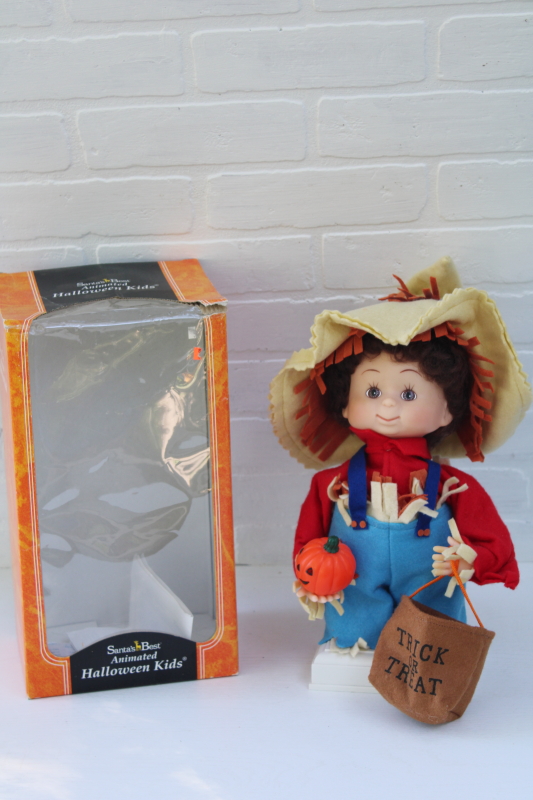 photo of 90s vintage creepy Halloween Kids scarecrow doll, animated animatronic moving figure Santas Best box #1