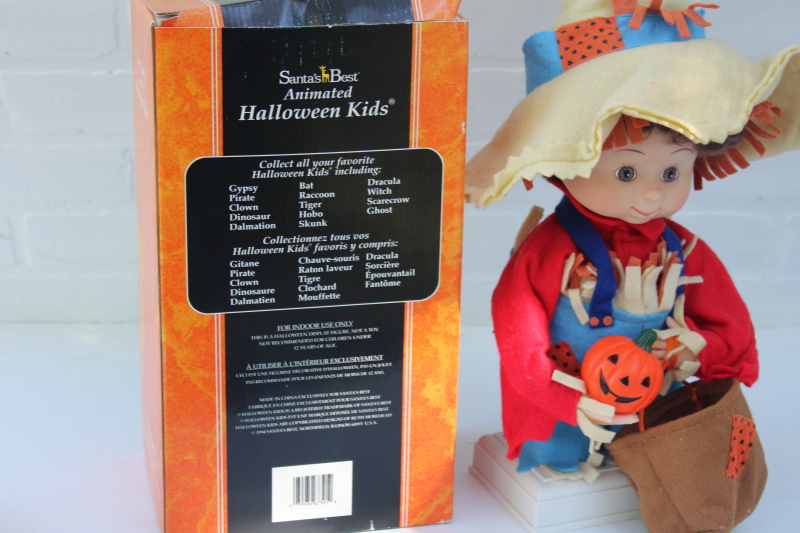 photo of 90s vintage creepy Halloween Kids scarecrow doll, animated animatronic moving figure Santas Best box #8