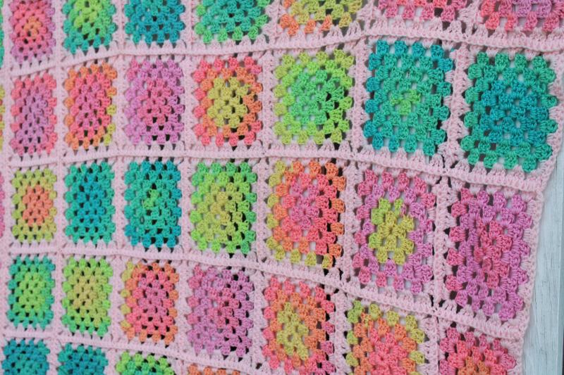 photo of 90s vintage crochet granny squares afghan blanket, baby pink w/ neon colors #2