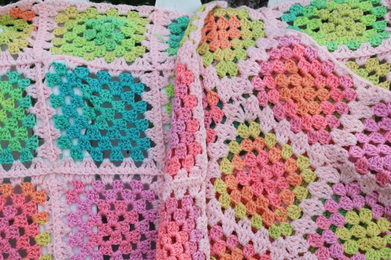 photo of 90s vintage crochet granny squares afghan blanket, baby pink w/ neon colors #3