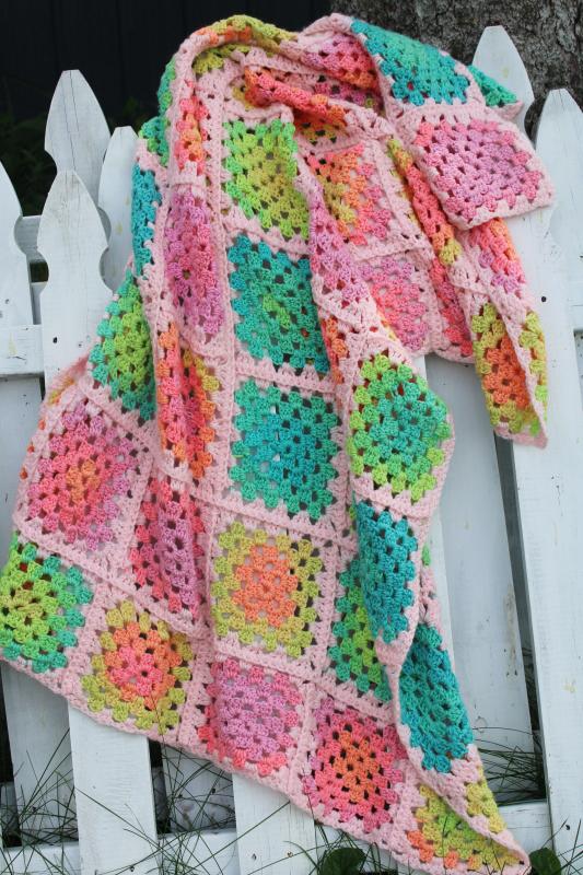photo of 90s vintage crochet granny squares afghan blanket, baby pink w/ neon colors #4