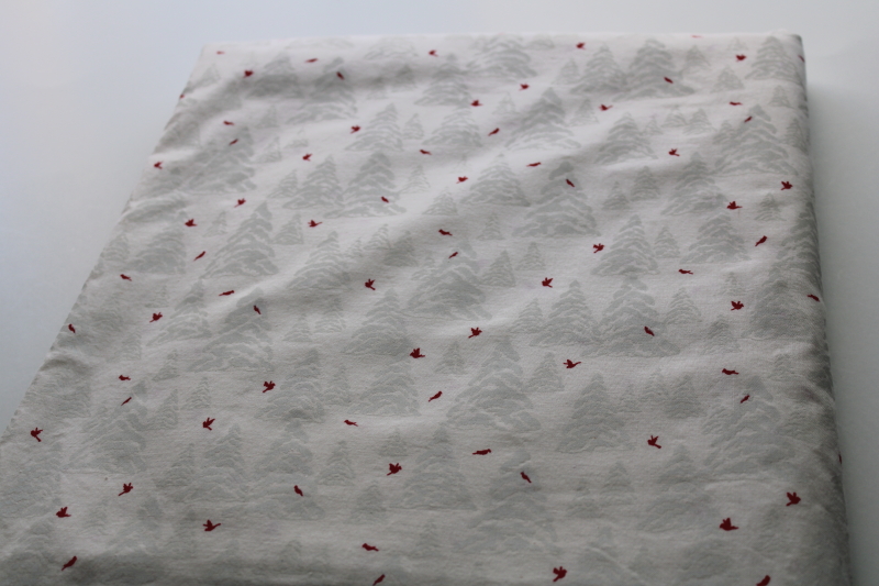 photo of 90s vintage fabric all white snowy trees w/ red birds, neutral Christmas winter print  #1