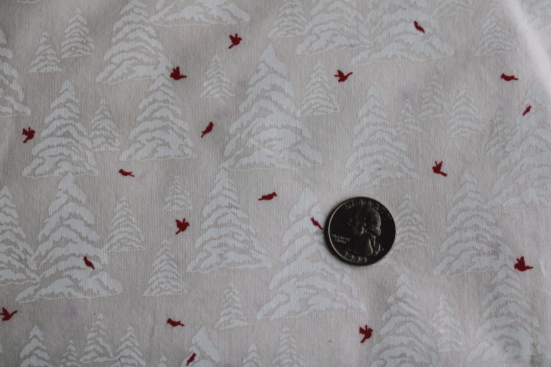 photo of 90s vintage fabric all white snowy trees w/ red birds, neutral Christmas winter print  #2