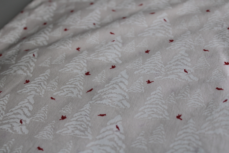 photo of 90s vintage fabric all white snowy trees w/ red birds, neutral Christmas winter print  #3