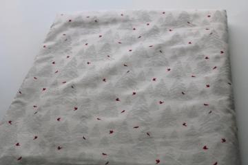 catalog photo of 90s vintage fabric all white snowy trees w/ red birds, neutral Christmas winter print 