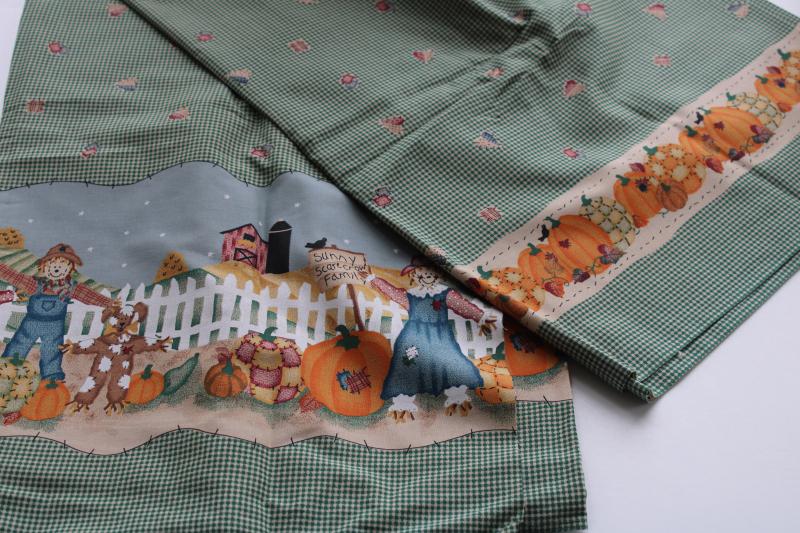 photo of 90s vintage fabric, border print country fall scarecrow family pumpkin patch gingham #1