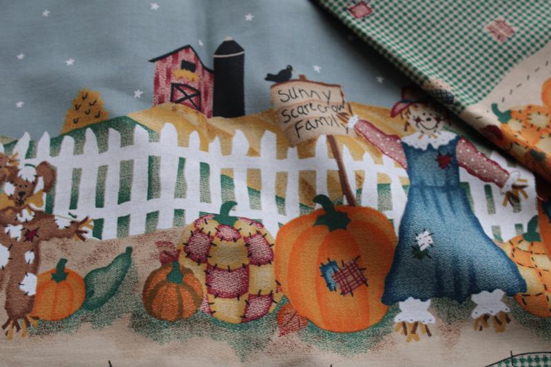 photo of 90s vintage fabric, border print country fall scarecrow family pumpkin patch gingham #2