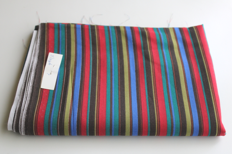 photo of 90s vintage fabric, cotton or poly blend w/ retro stripes in red, olive green, teal, blue, brown  #1