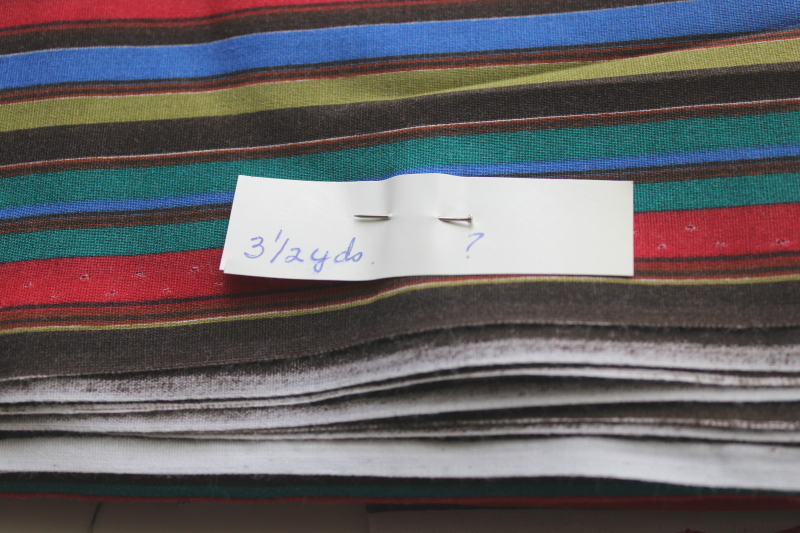 photo of 90s vintage fabric, cotton or poly blend w/ retro stripes in red, olive green, teal, blue, brown  #2