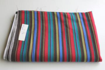 catalog photo of 90s vintage fabric, cotton or poly blend w/ retro stripes in red, olive green, teal, blue, brown 