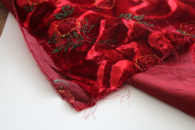 photo of 90s vintage fabric, crimson crushed velvet w/ floral in machine embroidery #2