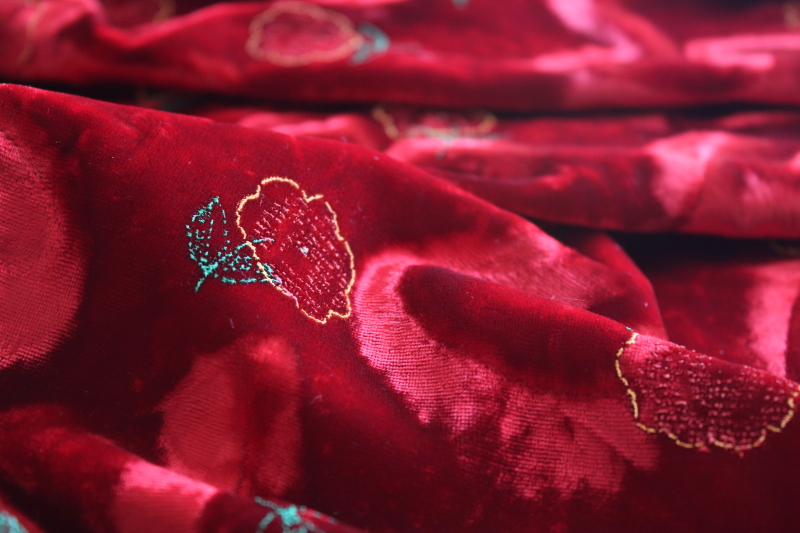 photo of 90s vintage fabric, crimson crushed velvet w/ floral in machine embroidery #4