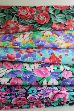 catalog photo of 90s vintage fabric lot, colorful tropical prints, all medium heavy weight cotton fabric 58 wide 