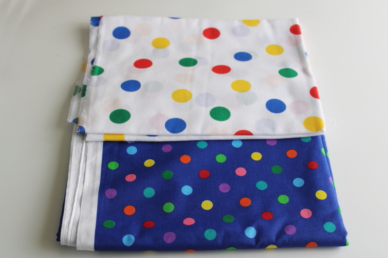 photo of 90s vintage fabric, polka dots multi colors dotted prints, blue & white w/ brights, cotton & poly blend  #1