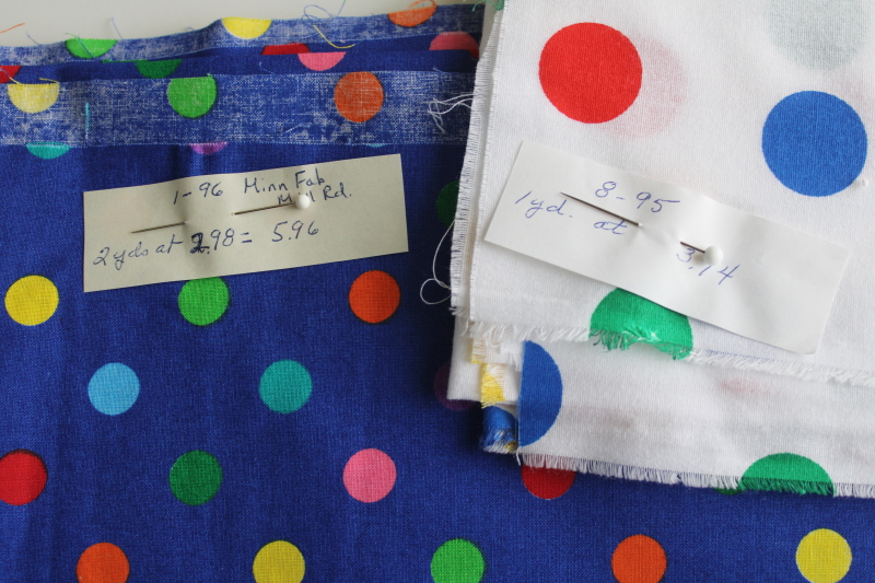 photo of 90s vintage fabric, polka dots multi colors dotted prints, blue & white w/ brights, cotton & poly blend  #2