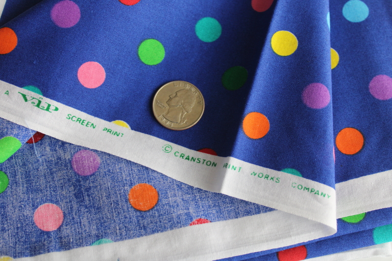 photo of 90s vintage fabric, polka dots multi colors dotted prints, blue & white w/ brights, cotton & poly blend  #3