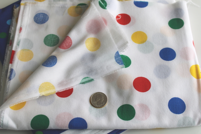 photo of 90s vintage fabric, polka dots multi colors dotted prints, blue & white w/ brights, cotton & poly blend  #4