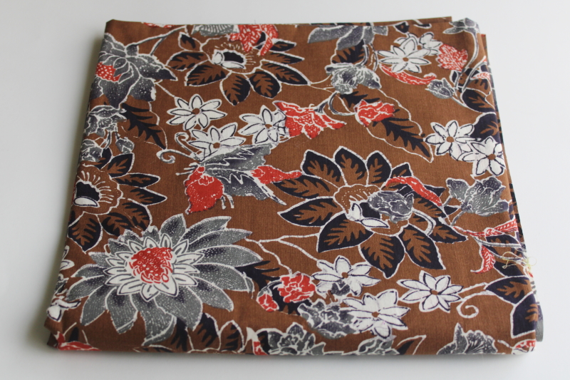 photo of 90s vintage fabric sophisticated large floral print on brown, soft crisp cotton shirting  #1