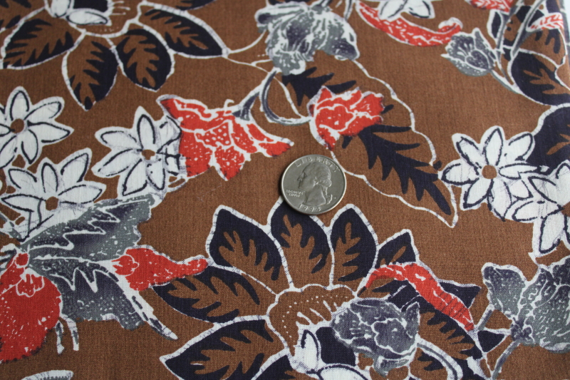 photo of 90s vintage fabric sophisticated large floral print on brown, soft crisp cotton shirting  #2