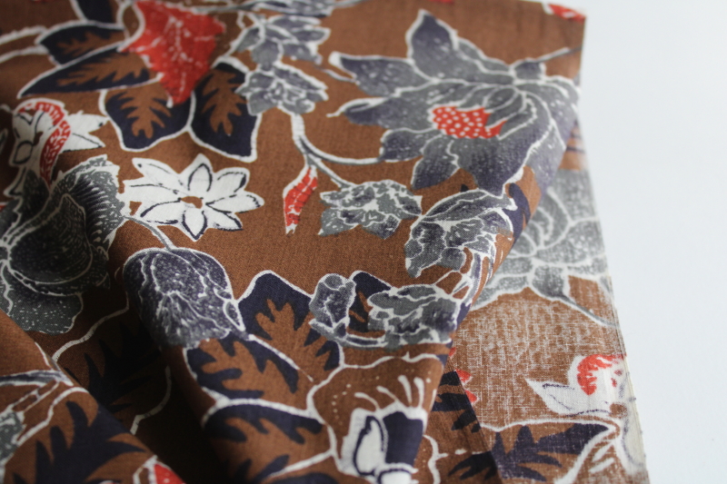 photo of 90s vintage fabric sophisticated large floral print on brown, soft crisp cotton shirting  #3