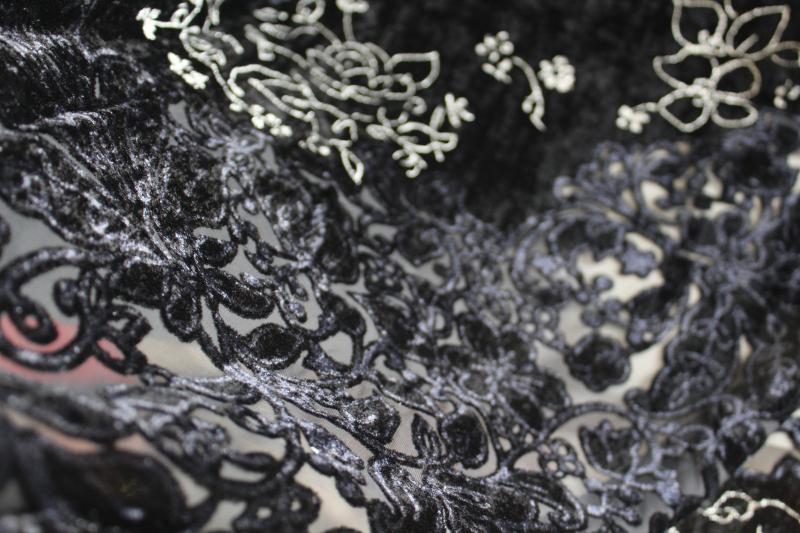 photo of 90s vintage fabric, stretch black velvet w/ sheer burnout, silver embroidery #2