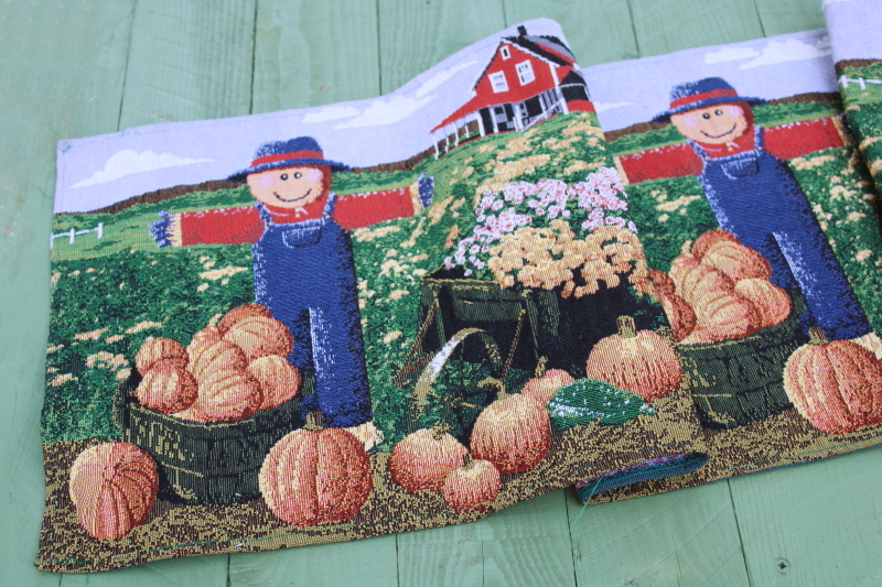 photo of 90s vintage fall tapestry table runner, scarecrows, pumpkin patch fields, farm barns  #2