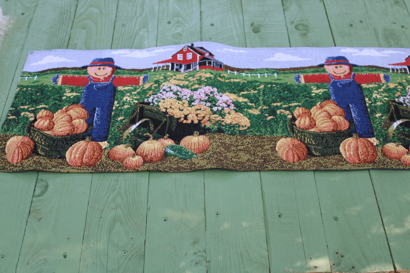 photo of 90s vintage fall tapestry table runner, scarecrows, pumpkin patch fields, farm barns  #3
