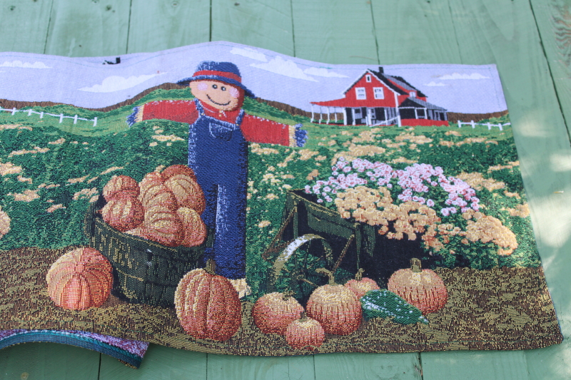 photo of 90s vintage fall tapestry table runner, scarecrows, pumpkin patch fields, farm barns  #4