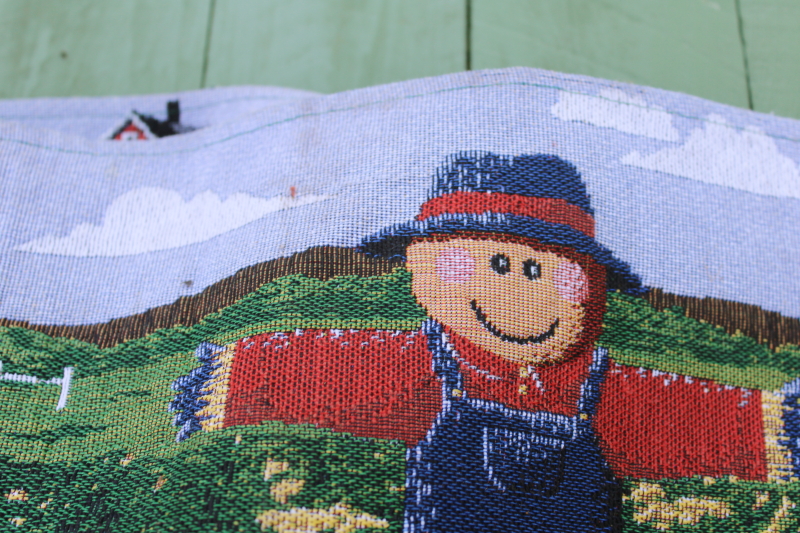 photo of 90s vintage fall tapestry table runner, scarecrows, pumpkin patch fields, farm barns  #5