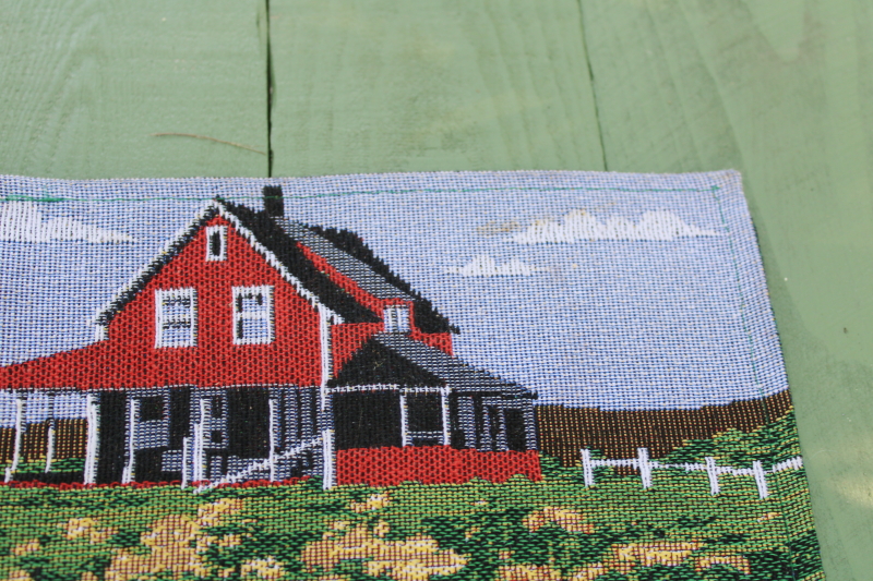 photo of 90s vintage fall tapestry table runner, scarecrows, pumpkin patch fields, farm barns  #6