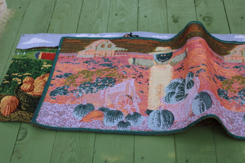 photo of 90s vintage fall tapestry table runner, scarecrows, pumpkin patch fields, farm barns  #7