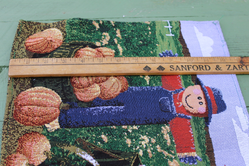 photo of 90s vintage fall tapestry table runner, scarecrows, pumpkin patch fields, farm barns  #8