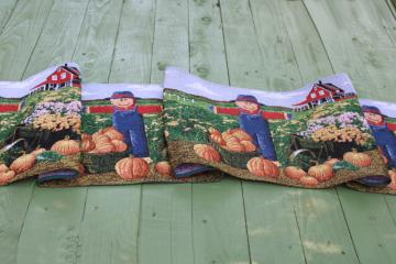 90s vintage fall tapestry table runner, scarecrows, pumpkin patch fields, farm barns 