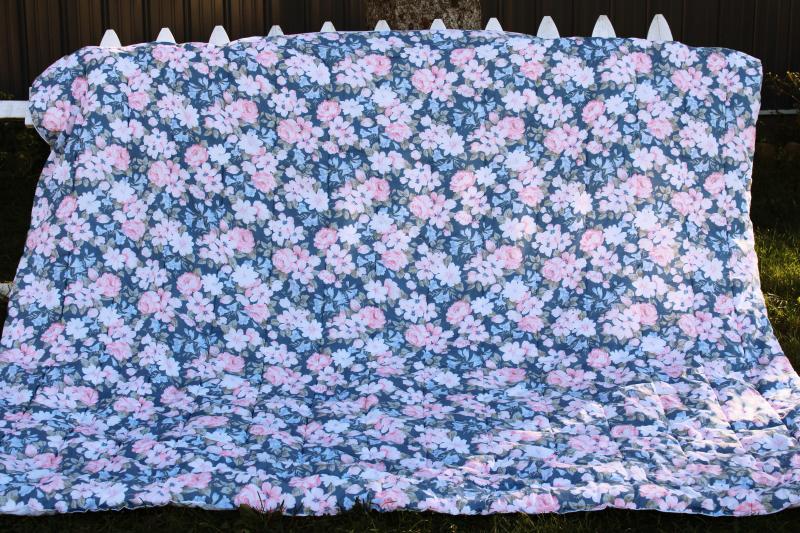 photo of 90s vintage floral print poly bedspread, roses & anemones flowers queen size #1