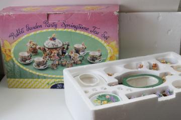 catalog photo of 90s vintage hand painted ceramic tea set, bunny rabbits garden party Easter spring decor mint in box 