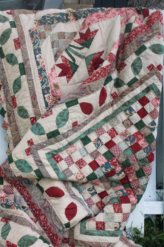 photo of 90s vintage hand stitched cotton quilt, queen size bedspread w/ flowers & vines #3