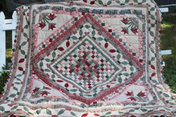 catalog photo of 90s vintage hand stitched cotton quilt, queen size bedspread w/ flowers & vines